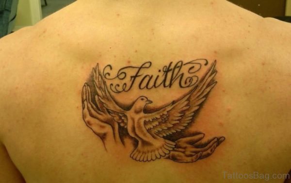 Faith Text And Flying Dove Bird Tattoo
