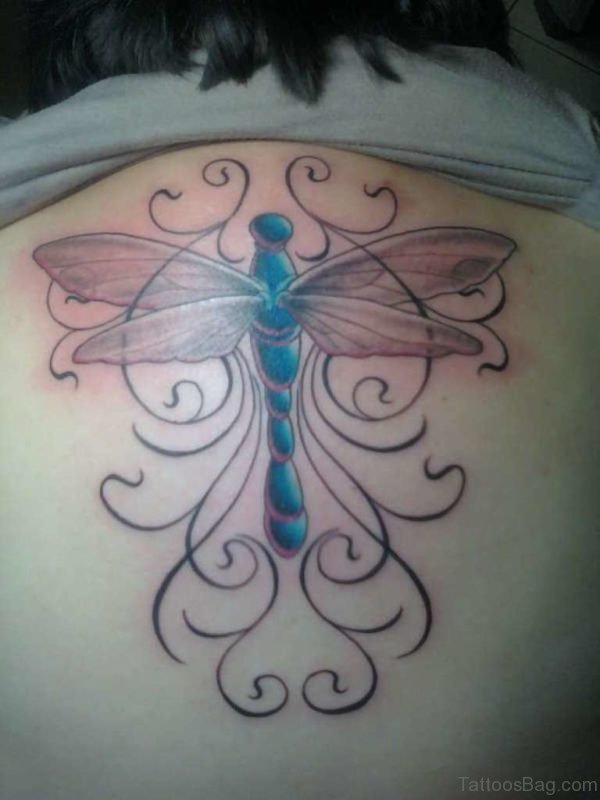 Fancy Dragonfly Tattoo On Back