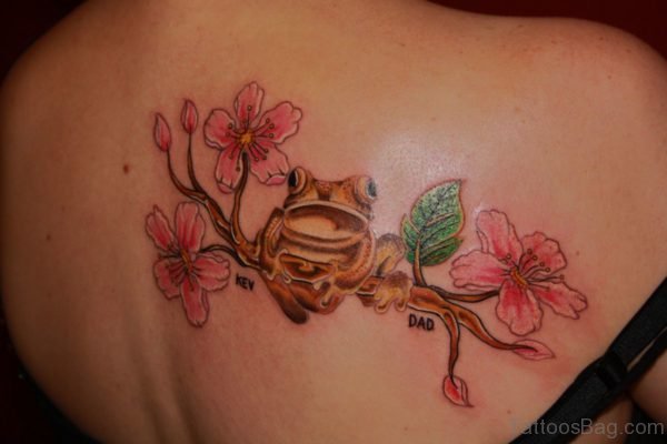 Fantastic Frog And Cherry Blossom Tattoo On Back