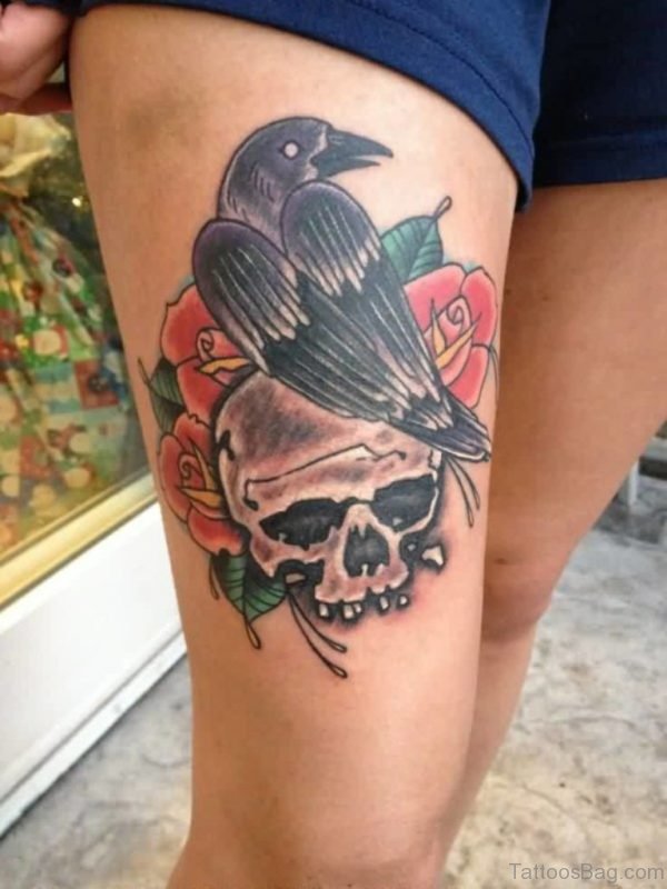 Fantastic Skull And Black Crow Tattoo