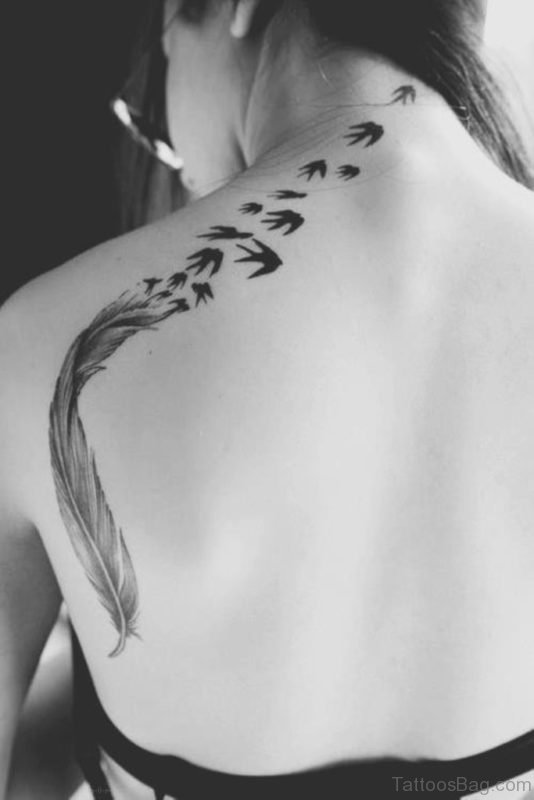 Feather And Birds Tattoo On Back
