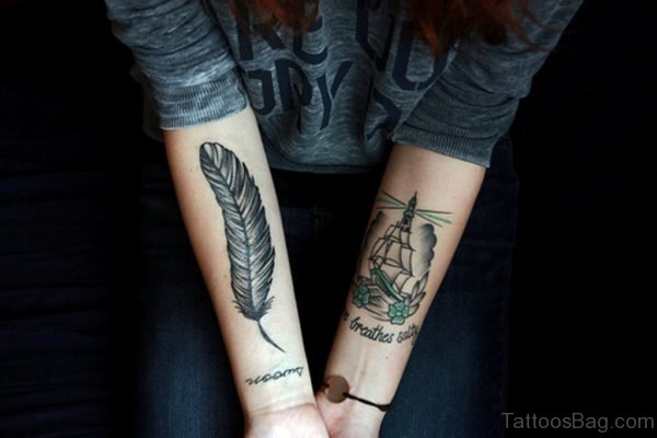 Feather And Ship Tattoo
