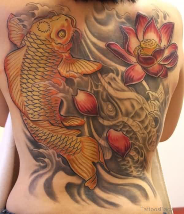 Fish And Flower Tattoo Design On Back