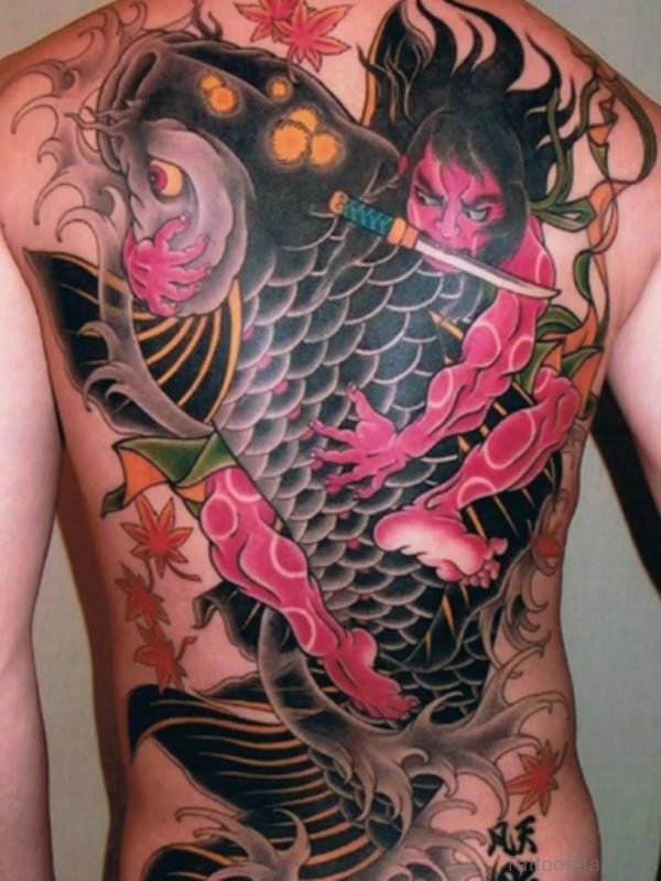 Fish And Japanese Samurai Tattoo