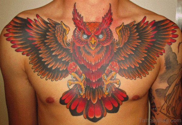 Flaming Owl Tattoo On Chest