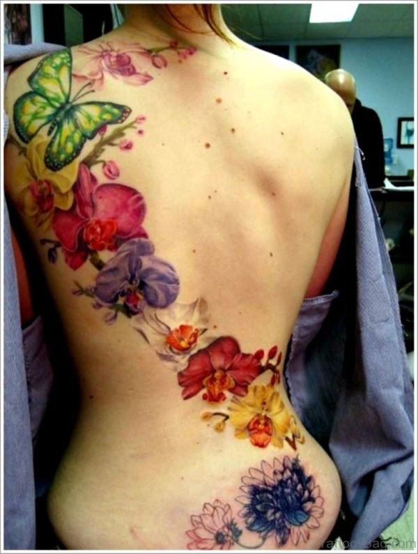 Flower And Butterfly Tattoo On Back