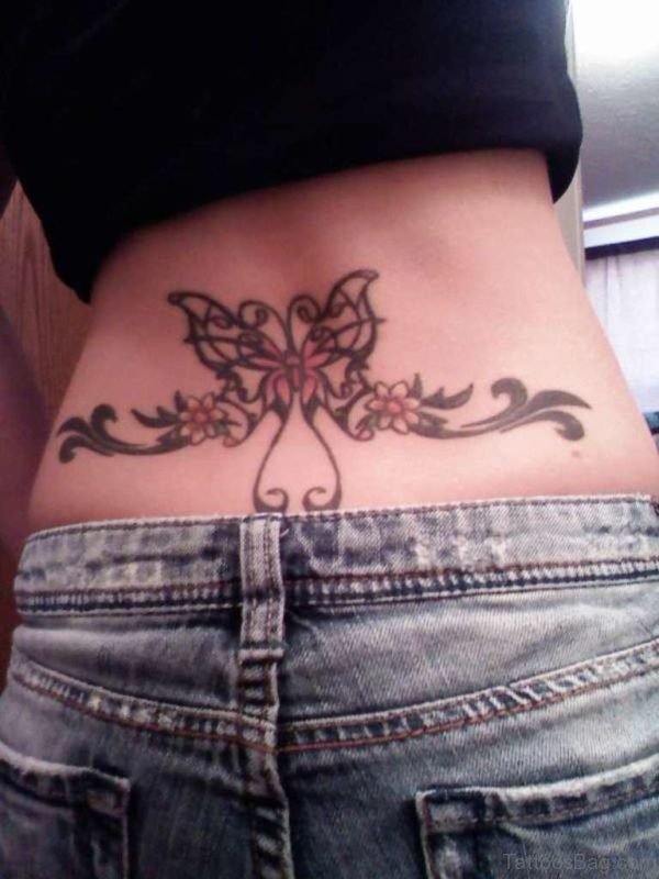 Flower And Butterfly Tattoo On Lower Back