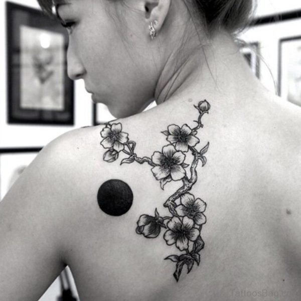 Flower And Moon Tattoo On Back 
