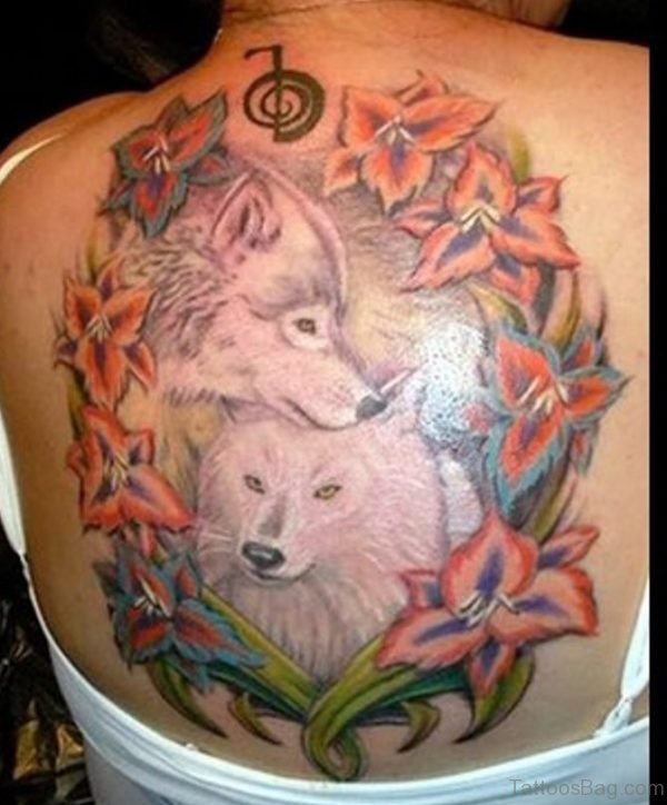 Flower And Wolf Tattoo On Back 