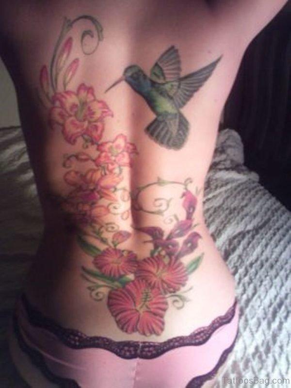 Flowers And Bird Tattoo Design On Back
