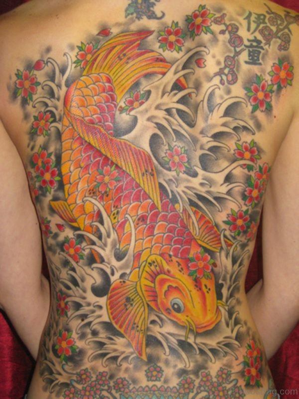 Flowers And Fish Tattoo On Full Back