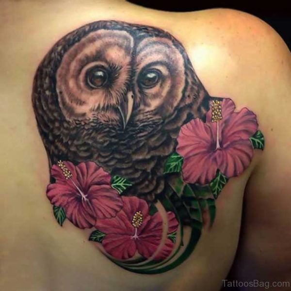 Flowers And Owl Tattoo On Back