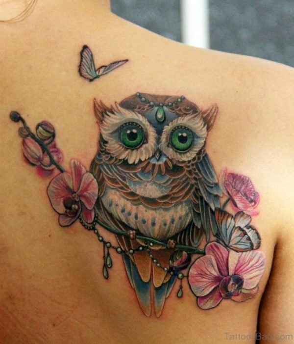 Flowers And Owl Tattoo