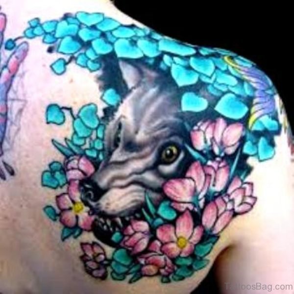 Flowers And Wolf Tattoo On Back