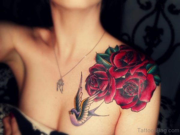 Flying Bird With Roses Tattoo