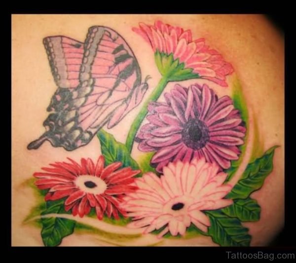 Flying Butterfly And Daisy Flower Tattoo