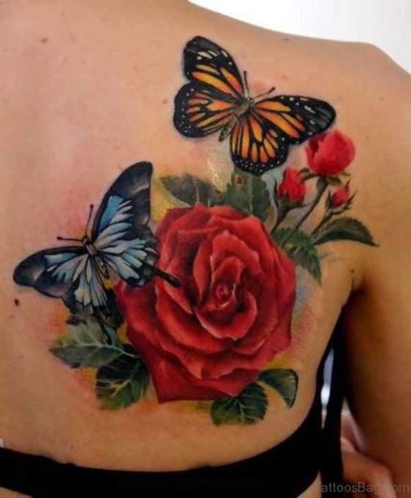 Flying ButterflyAnd  Red Rose Flower Tattoo