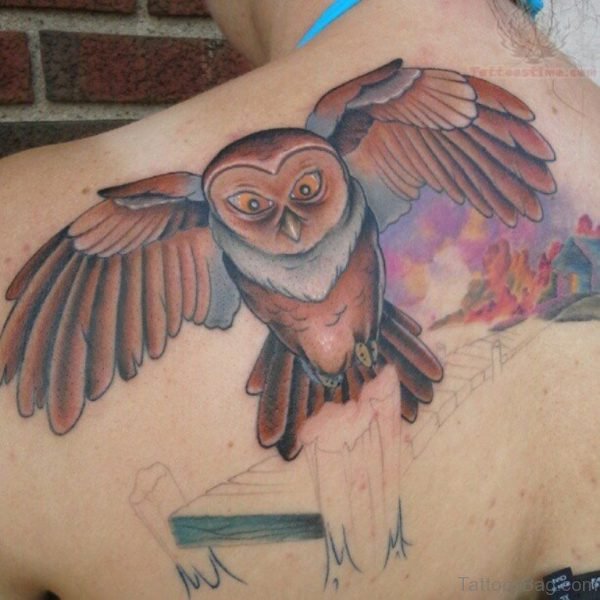 Flying Owl Tattoo  Design On Back