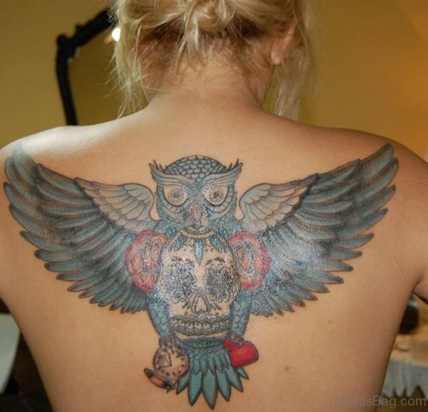 Flying Owl Tattoo On Girl Back Body