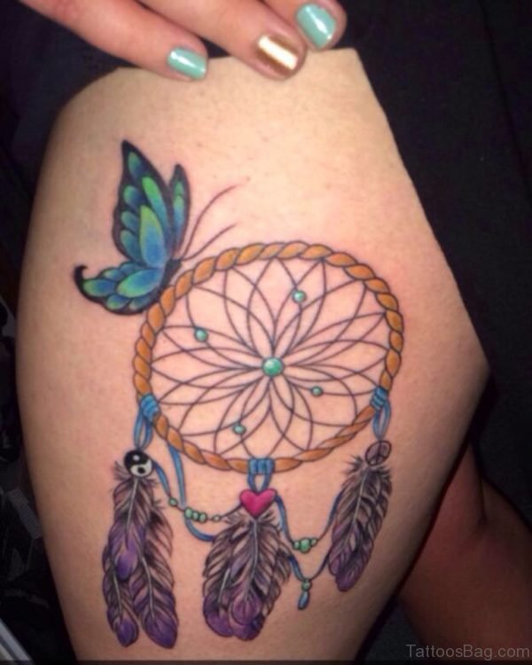 Funky Dreamcatcher Tattoo Design For Thigh