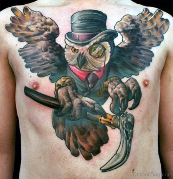 Funny Owl Tattoo on Chest
