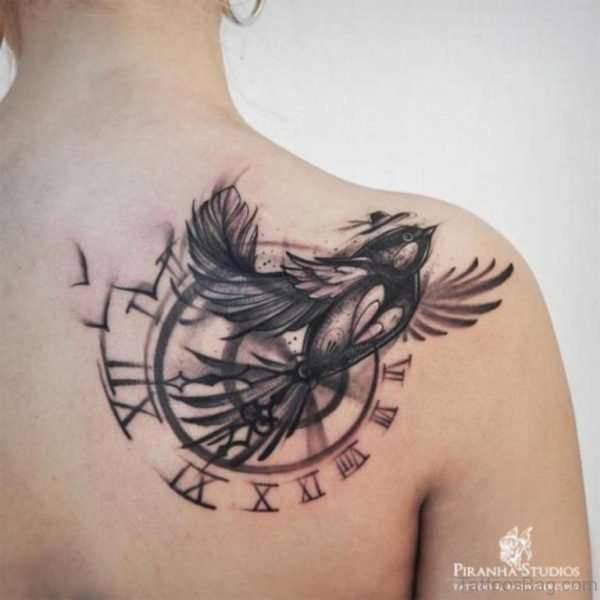 Graceful Bird And Clock Tattoo