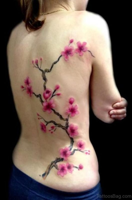 Graceful Pink Flower Tattoo On Back