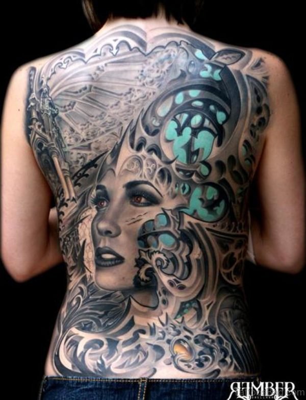 Girl Face Tattoo On Full Back