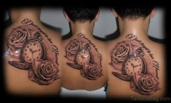 Gorgeous Clock And Rose Tattoos On Upper Back