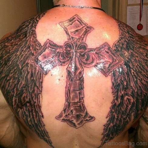 Graceful Cross And Angel Wings Tattoo