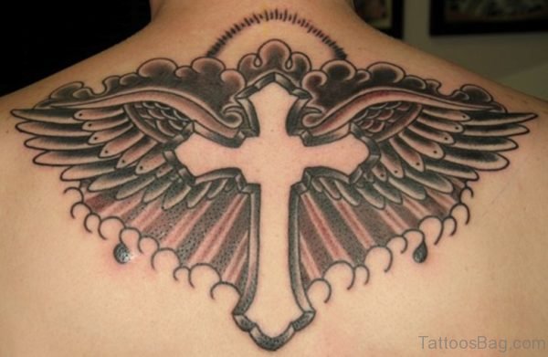 Graceful Cross And Wings Tattoo