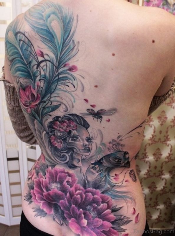 Graceful Flower Tattoo On Full Back