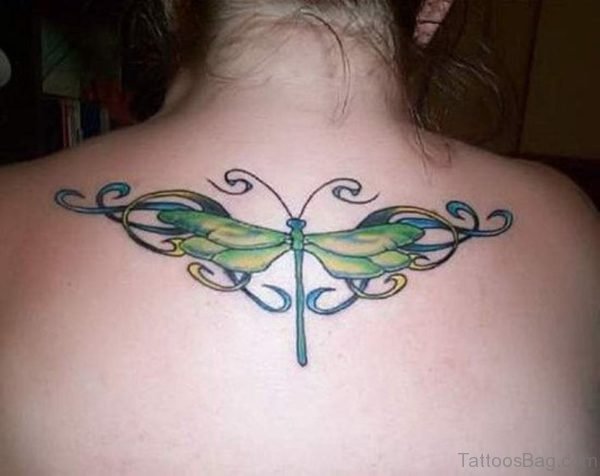 Green Dragonfly Tattoo On Back