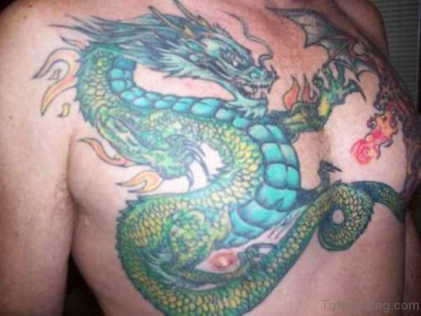 Green Ink Dragon Tattoo On Chest