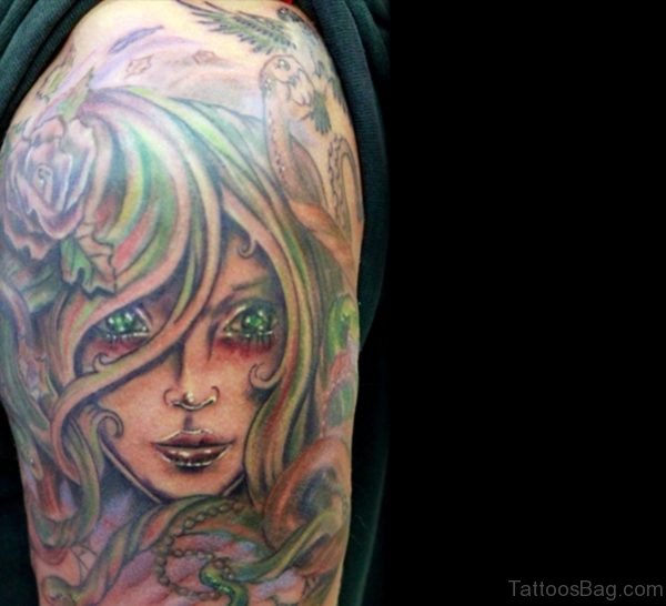 Green Medusa Tattoo For Shoulder