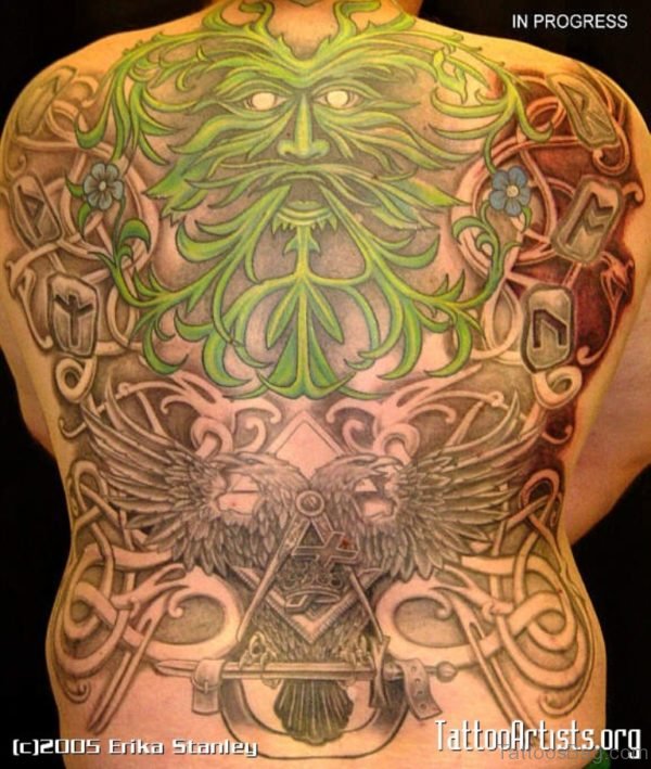 Green Viking Tattoo On Full Back