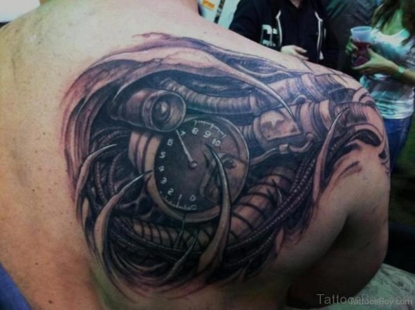 Grey Biomechanical Tattoo On Back