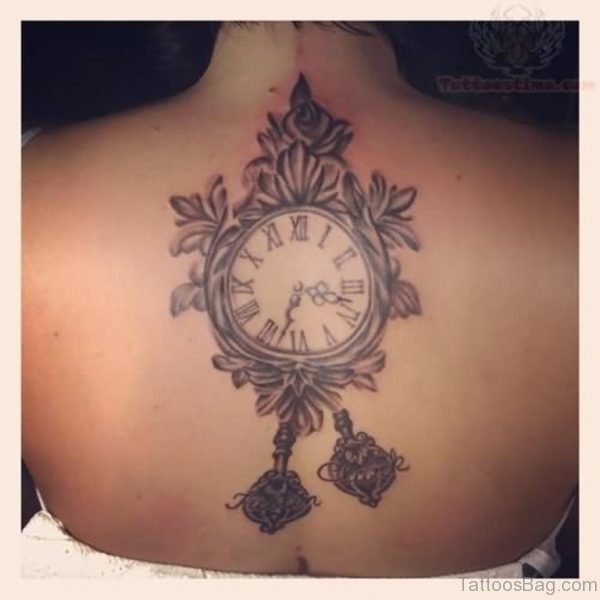 Grey Clock Tattoo On Upper Back For Girls