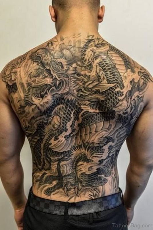 Grey Dragon Tattoo On Back
