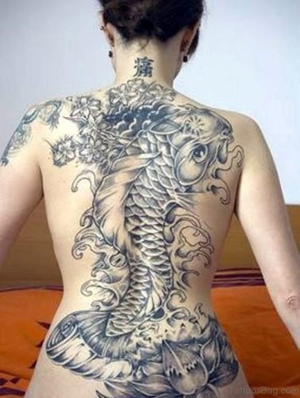 Grey Fish Tattoo On Full Back