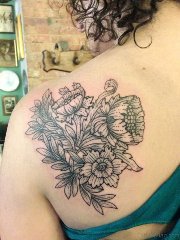Grey Flowers Tattoo On Back