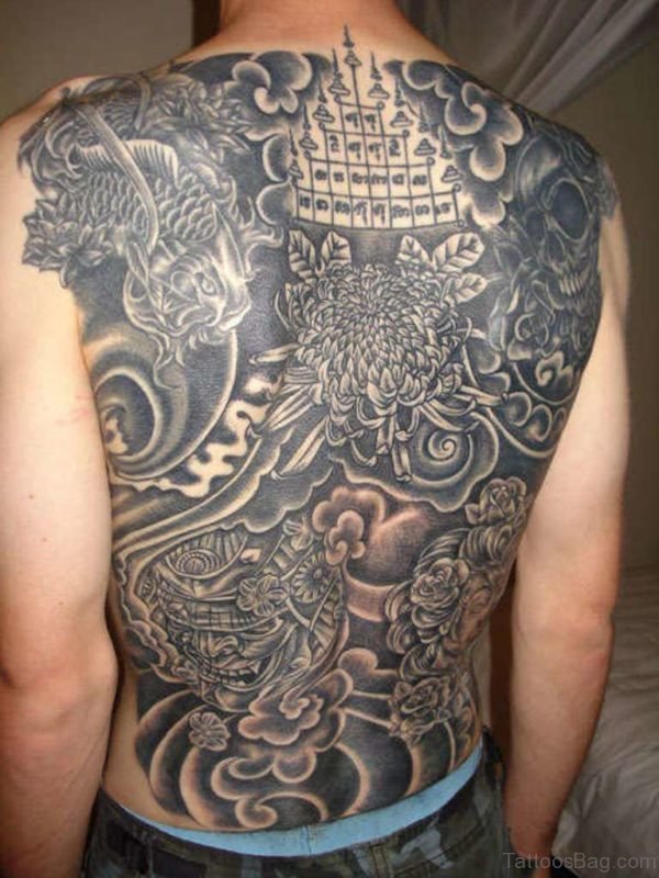 Grey Flowers Tattoo On Full Back