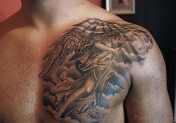 Grey Flying Angel Tattoo On Man Chest