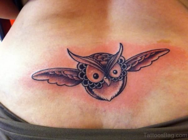 Grey Flying Owl Tattoo On Lower Back