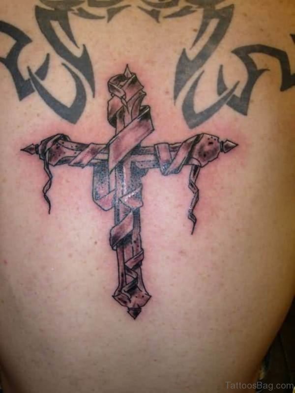 Grey Ink 3D Cross With Banner Tattoo On Back