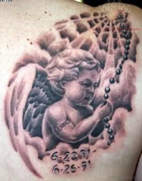 Grey Ink Baby Angel Rosary Tattoo
