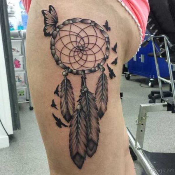 Grey Ink Dreamcatcher Tattoo On Side Thigh