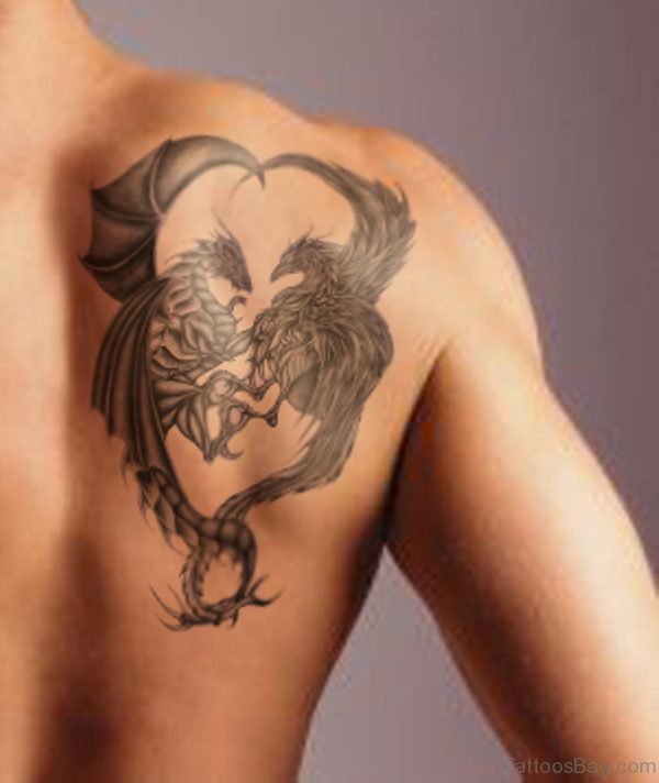 Grey Ink Egyptian Tattoo On Right Back Shoulder