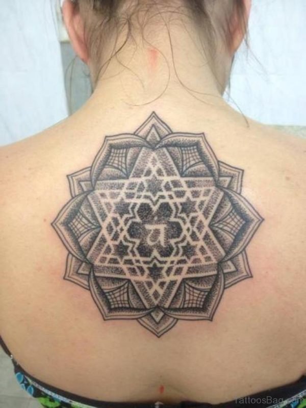 Grey Ink Geometric Tattoo On Back 