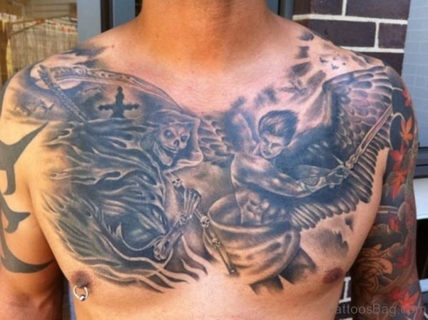 Grey Ink Grim Reaper And Angel Chest Tattoo